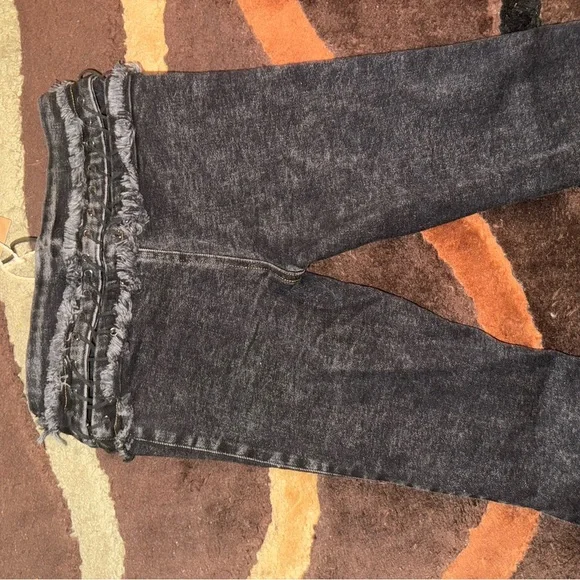 Matte  Black Lace-Up Low Risers Women Jeans - Picture 6 of 9